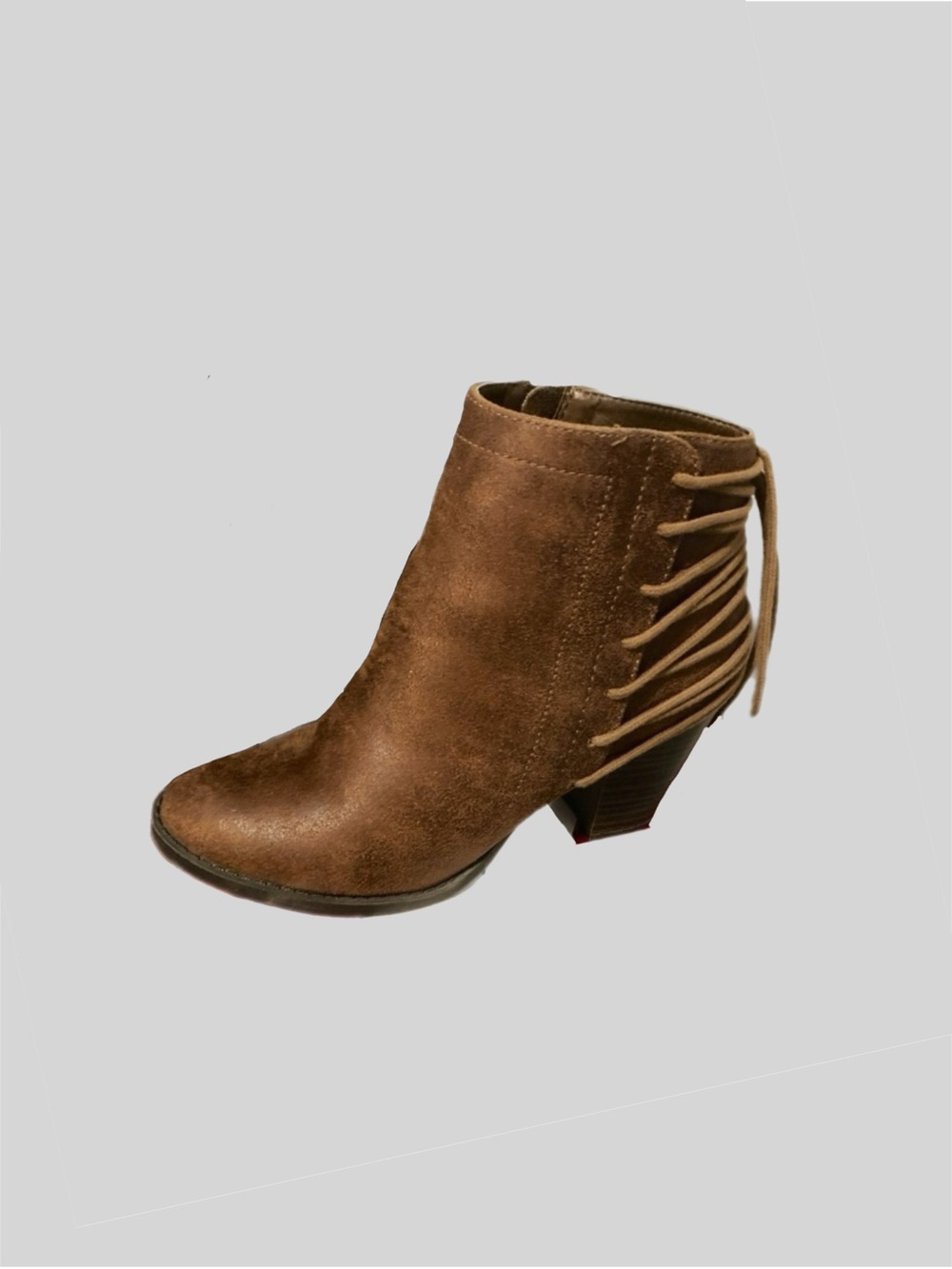 Brown Ankle Booties Women’s Sz 7 Block Heel Side Zip w/ Back Wrap Straps